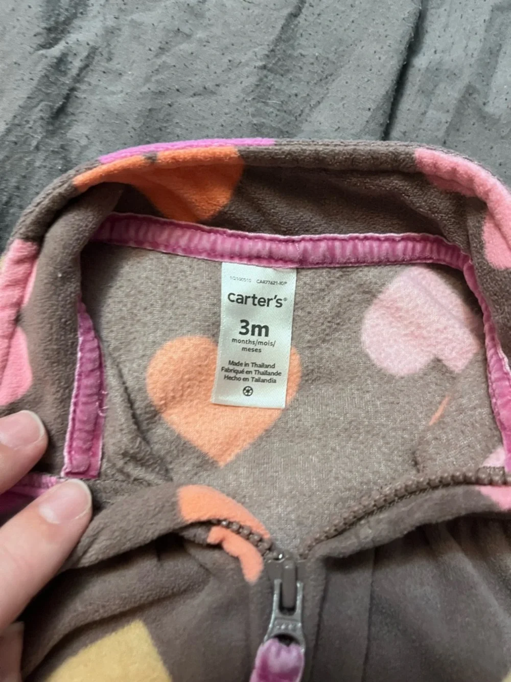 Carter's Brown Fleece Footie with Hearts Size 3 Months - Picture 2 of 2